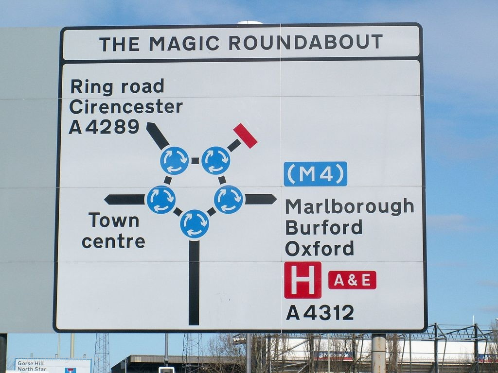 Schild vor dem Magic Roundabout (Quelle: Wikipedia)