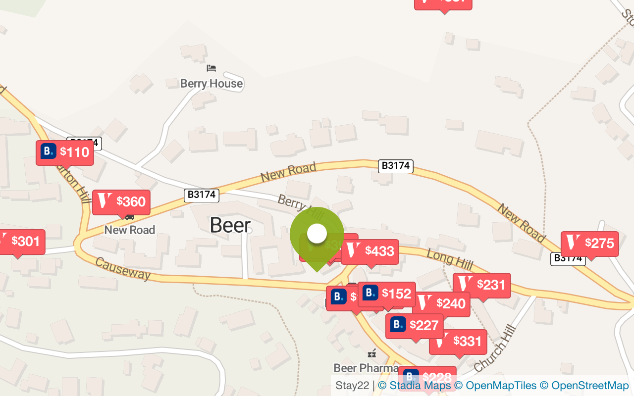 Karte mit Unterkünften in Beer [Devon]