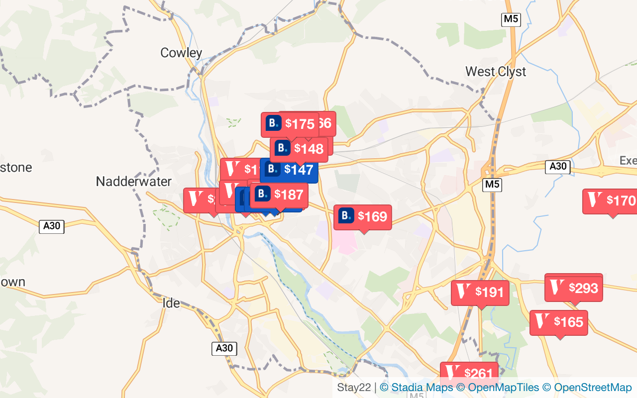 Karte mit Unterkünften in Exeter