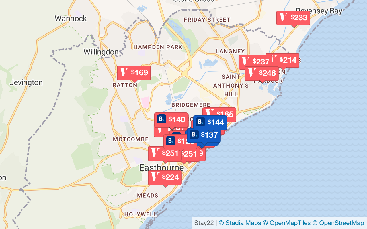 Karte mit Unterkünften in Eastbourne