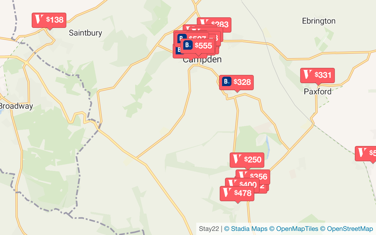 Karte mit Unterkünften in Chipping Campden
