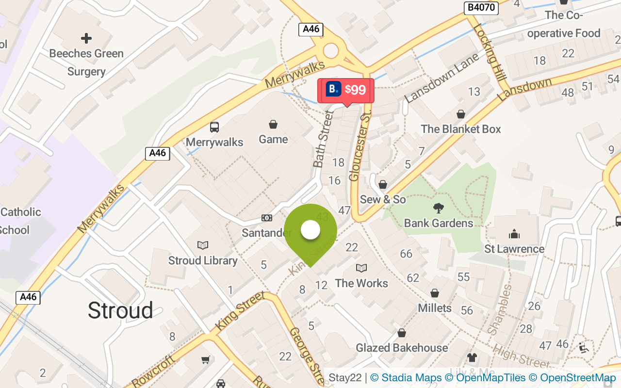 Karte mit Unterkünften in Stroud
