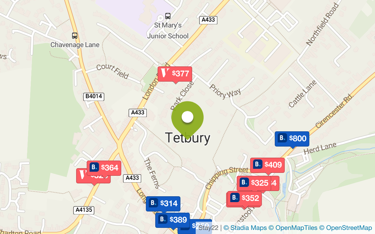 Karte mit Unterkünften in Tetbury