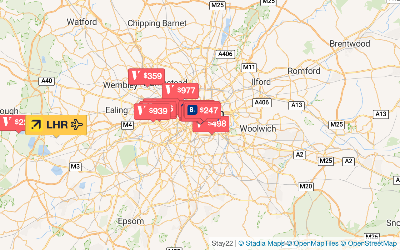 Karte mit Unterkünften in London