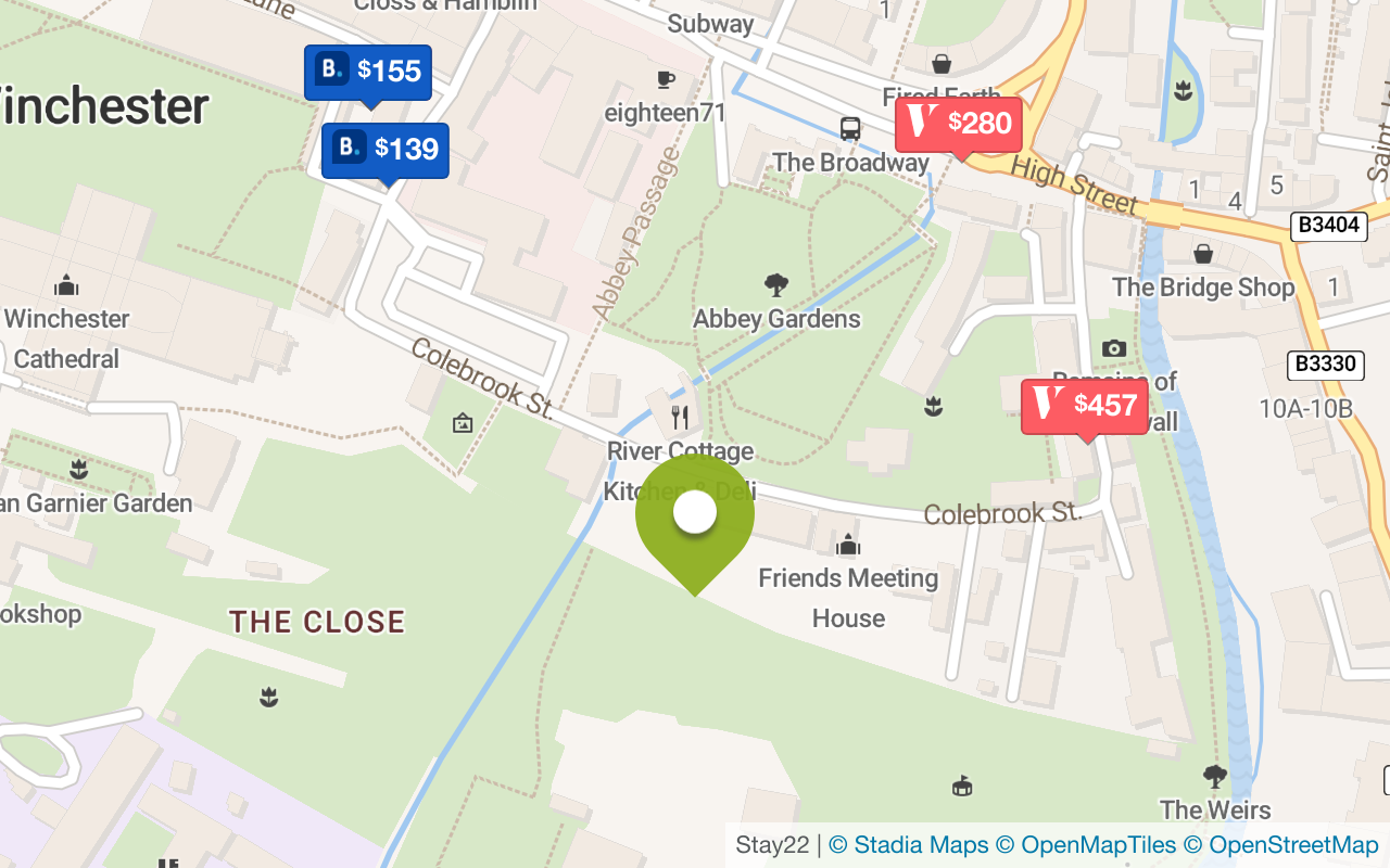 Karte mit Unterkünften in Winchester