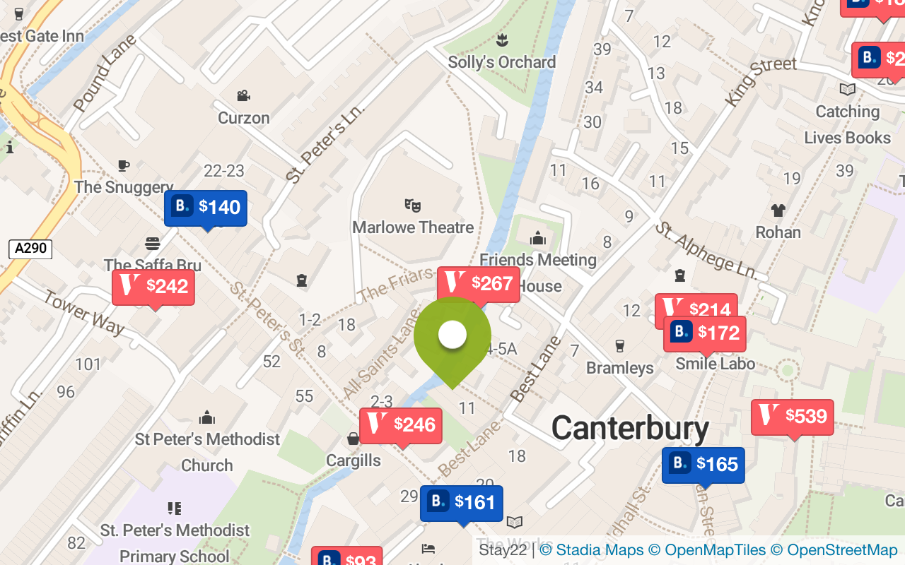 Karte mit Unterkünften in Canterbury