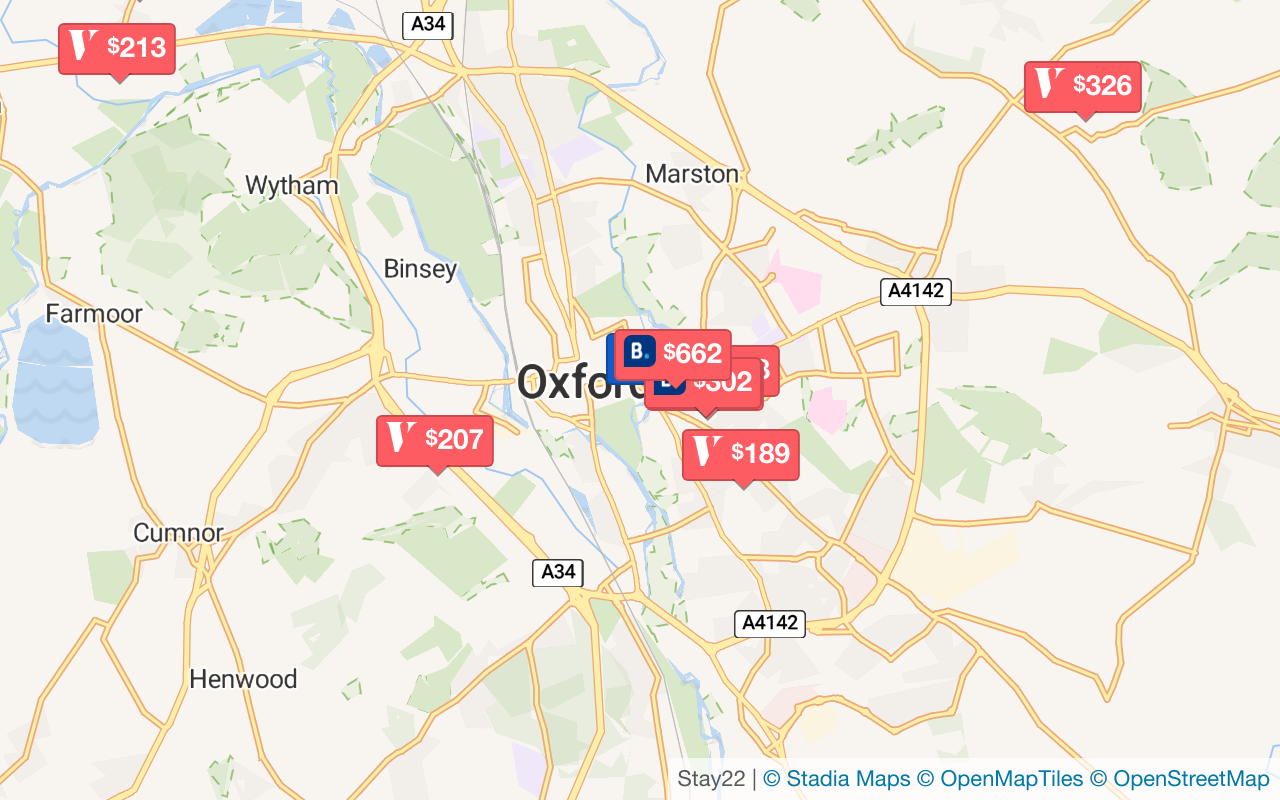 Karte mit Unterkünften in Oxford