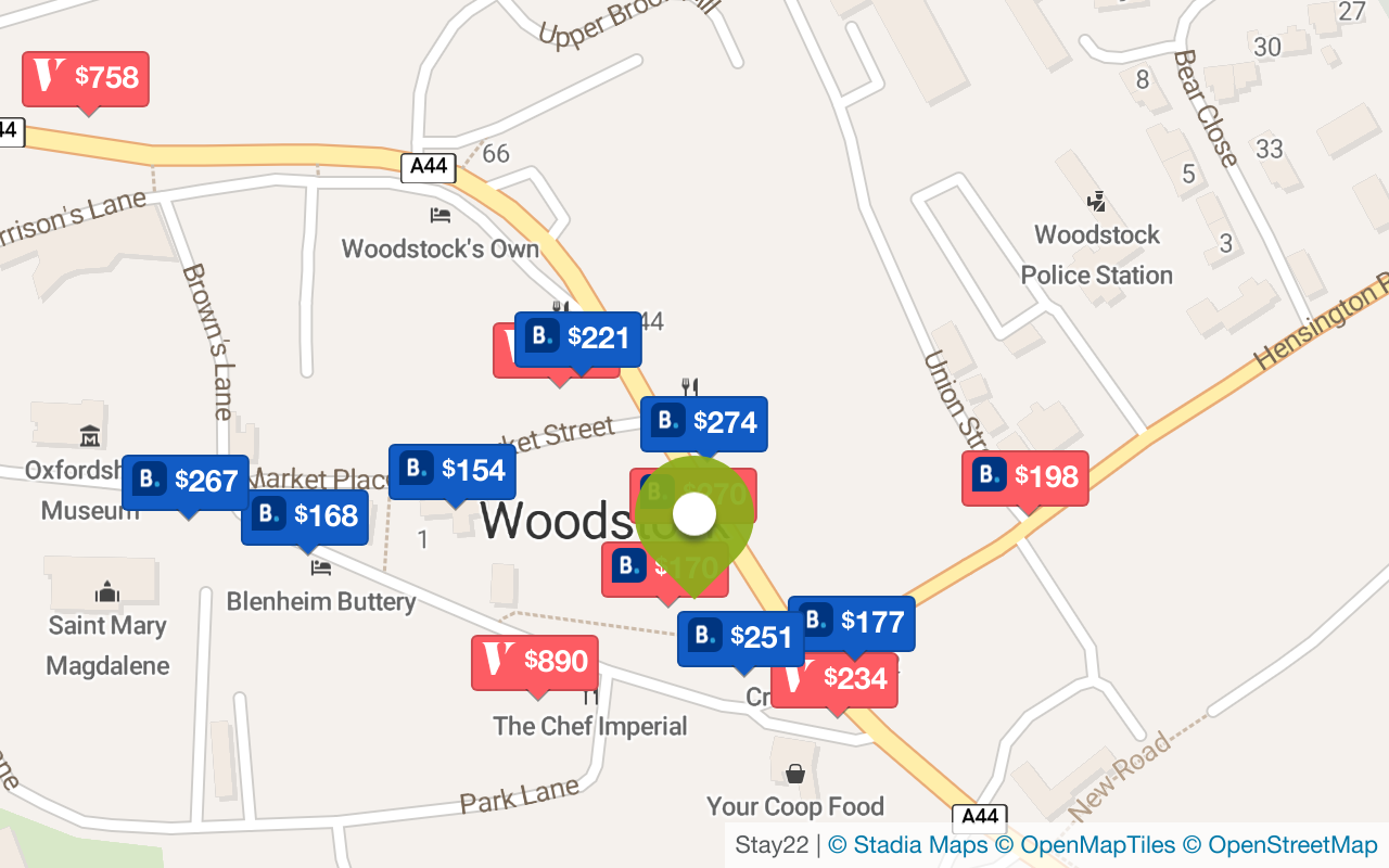 Karte mit Unterkünften in Woodstock