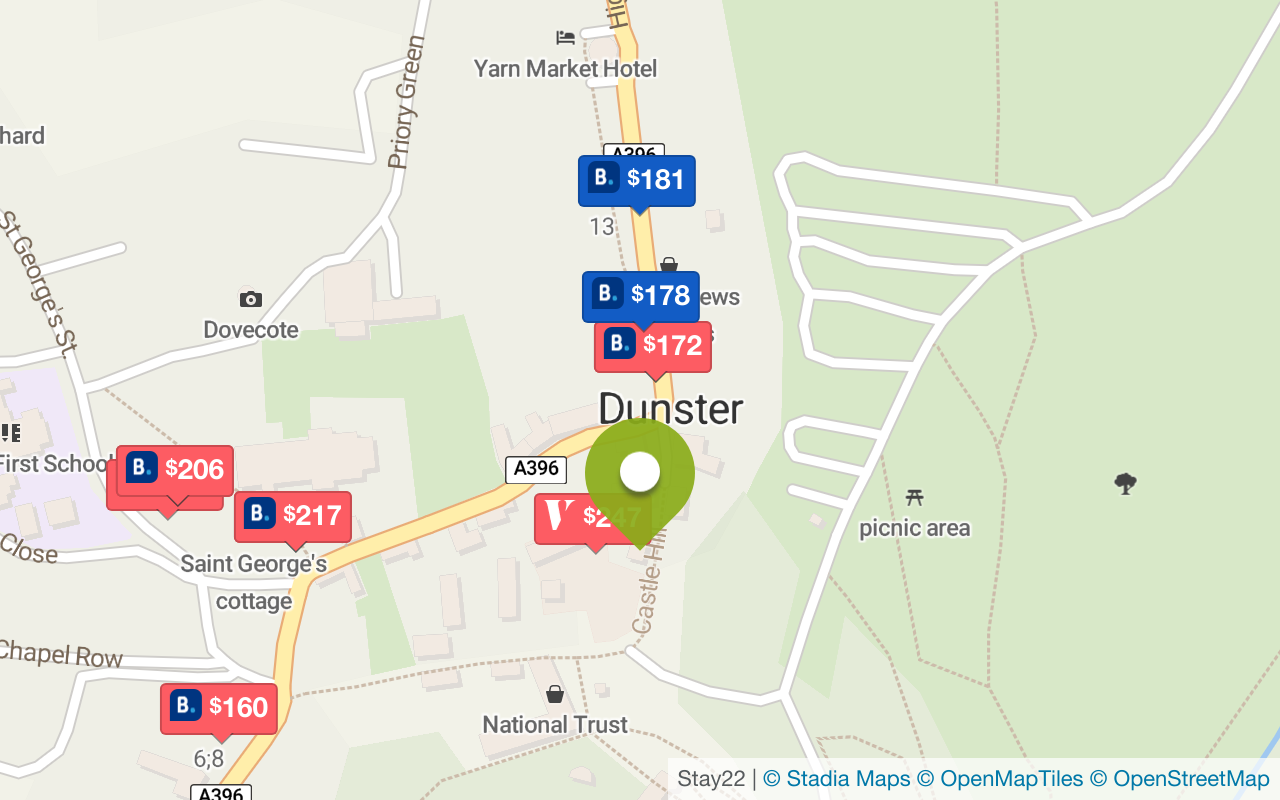 Karte mit Unterkünften in Dunster