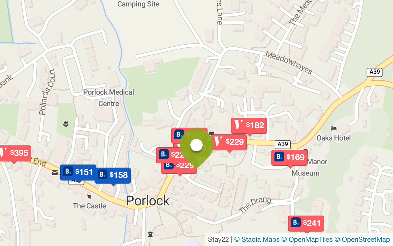 Karte mit Unterkünften in Porlock