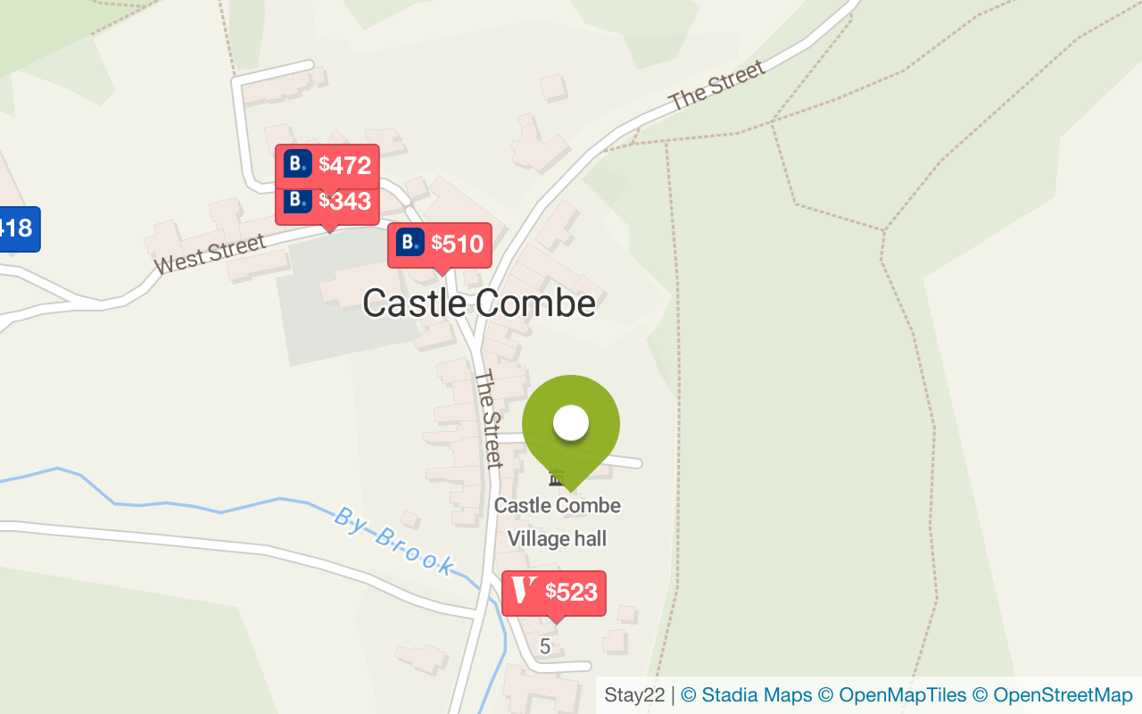 Karte mit Unterkünften in Castle Combe