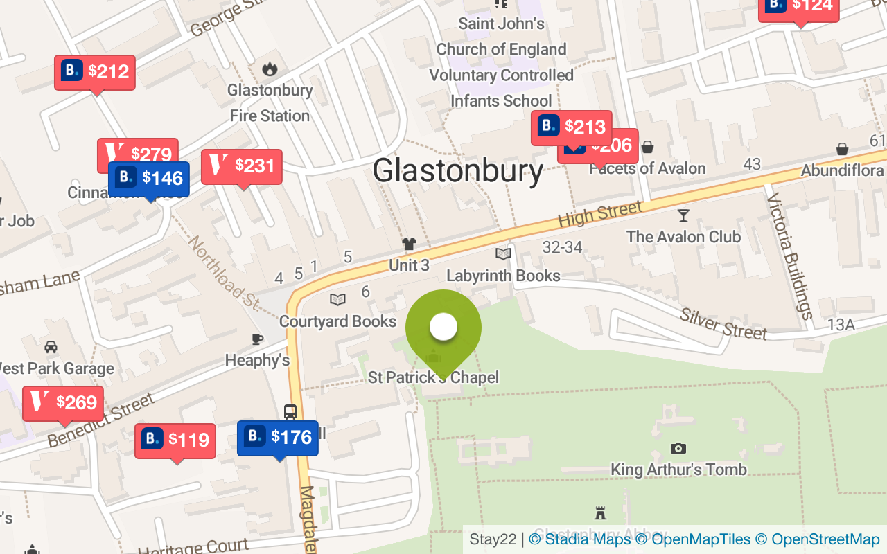 Karte mit Unterkünften in Glastonbury