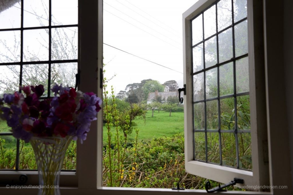 Blick aus unserem Schlafzimmerfenster in ein nebliges Exmoor