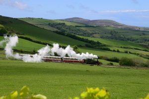 The Lynton & Barnstaple Railway en route in the rolling hills of Exmoor