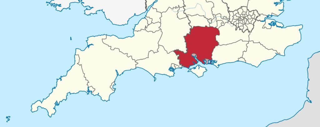 Karte von Südengland mit Heraushebung von Hampshire
