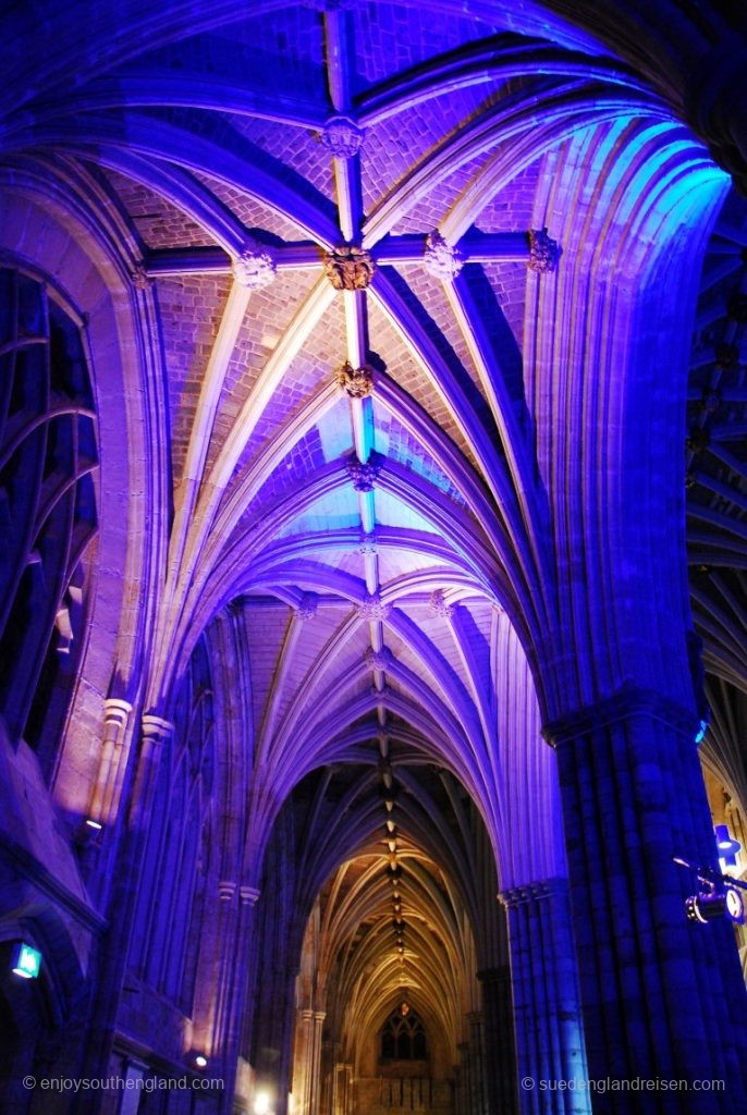 Exeter Cathedral illuminated for an evening live concert