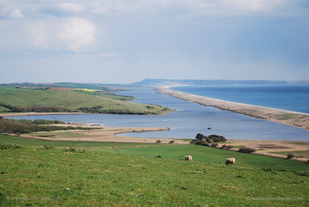 Die Jurassic Coast (die Swannery liegt im Mittelgrund links in der Lagune)