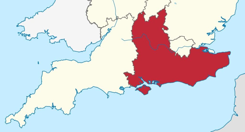 Karte von Südengland mit Heraushebung von South East England