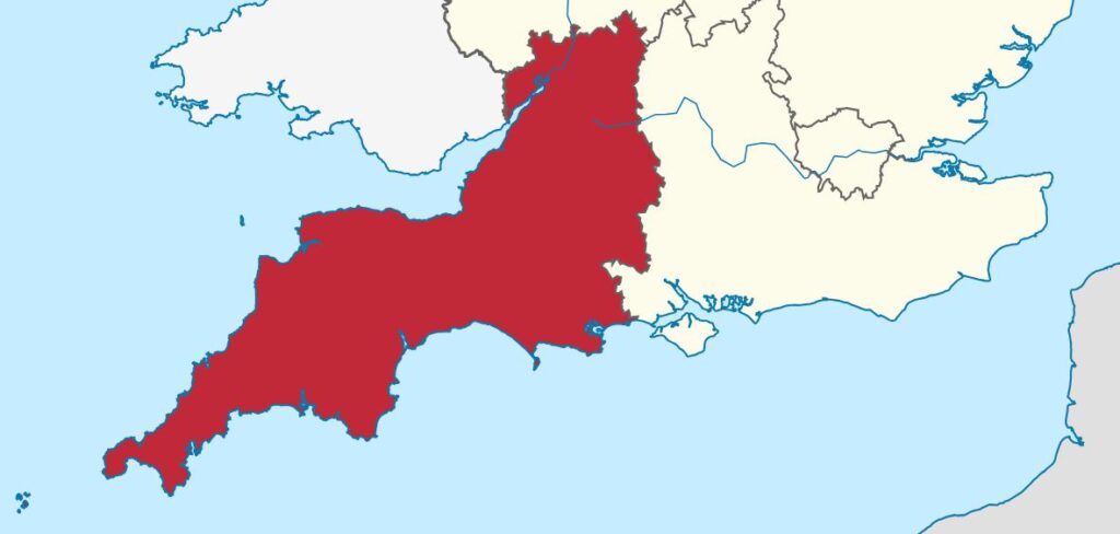 Karte von Südengland mit Heraushebung von South West England