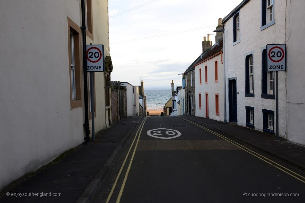 The Elie road leads directly into the sea