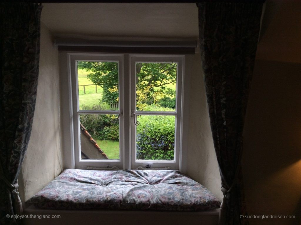 Blick aus dem Fenster des Tudor Cottage in Bossington
