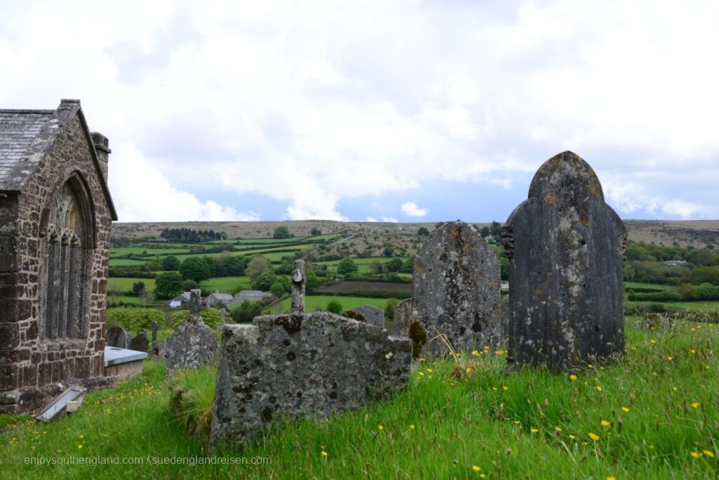 View from the cemetery in Widecombe-in-theMoor into Dartmoor 8devon, England)